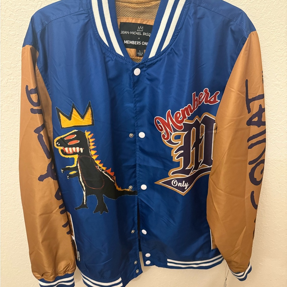 Members Only Blue and Tan Jacket with Dinosaur Design